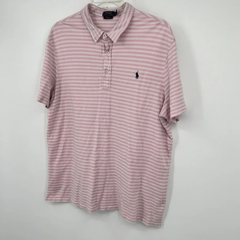 Ralph Lauren Polo Shirt Mens‎ XXL Pink White Stripe Golf Feather Weight Mesh